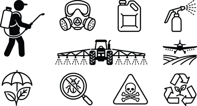 Agricultural Pesticide and Crop Protection Line Icon Set for Farming Websites, Safety Labels, and Agribusiness Designs