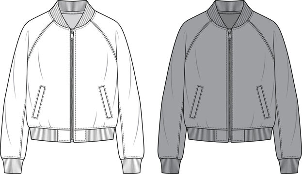 Unisex bomber jacket technical fashion flat sketch mockup template in outline and grey variations