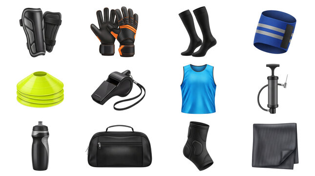 Football Soccer Training Accessories Collection with Shin Guards Gloves Socks and Cones  PNG