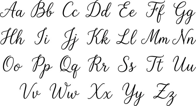 Elegant cursive calligraphic alphabet set uppercase and lowercase letters vector illustration
