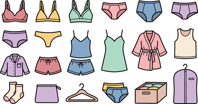 Flat vector icon set of women's lingerie sleepwear underwear and laundry accessories for fashion retail design