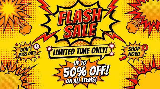 Comic book flash sale banner, retro pop art style promotional background, limited time discount poster with 50 percent off