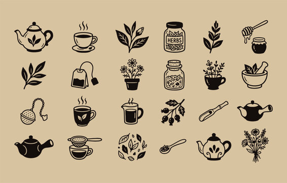 Tea and herbal drink silhouette vector illustration set featuring teapot hot cup and tea leaf