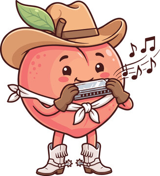 Cute cartoon peach character wearing a cowboy hat and boots playing the harmonica vector illustration