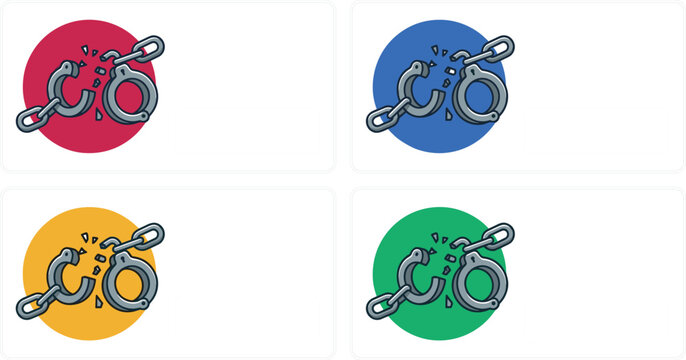 Broken handcuffs badge icon set symbolizing freedom release justice and liberty vector illustration