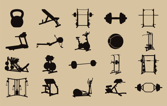 Workout and athletic training collection with shadow shapes of rowing machine exercise bike stability ball lat pulldown machine leg press and barbell suitable