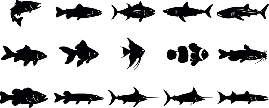 Fish silhouette vector icons set featuring shark tuna salmon goldfish clownfish catfish swordfish marlin and carp isolated on white background.