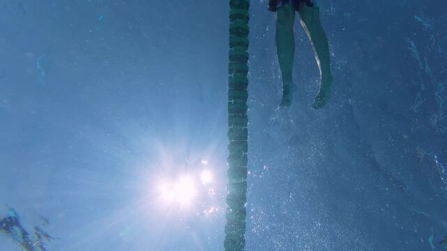 Low Angle View of Man Swimming Front Crawl in Sunny Pool