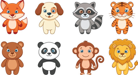 Fototapeta premium Cute cartoon wild and domestic animals vector set including fox dog raccoon tiger bear panda monkey lion