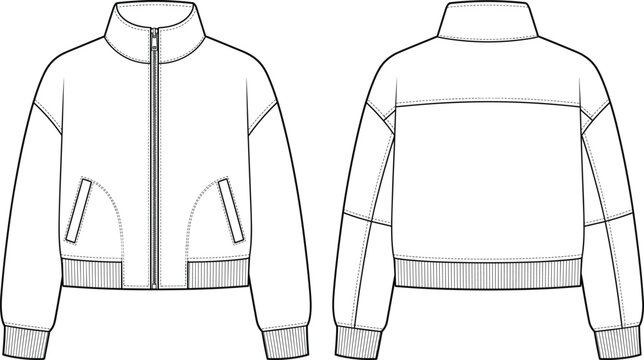Zip up track jacket mock neck flat sketch vector template for fashion design tech pack