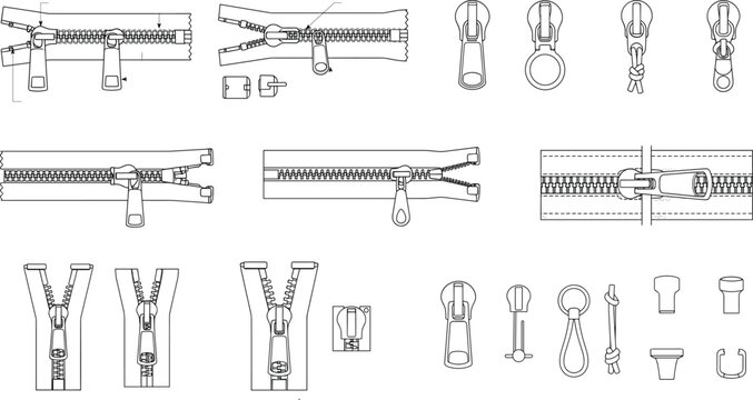 Zipper types fasteners and sliders collection technical flat fashion sketch vector illustration template set