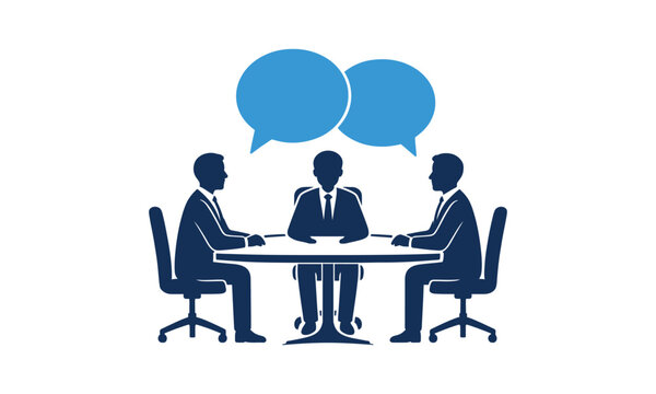 Business meeting icon with three people sitting at a round table and speech bubbles above them, representing communication, collaboration, and discussion