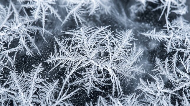 Beautiful delicate frost patterns on a cold winter window pane during a freezing morning day