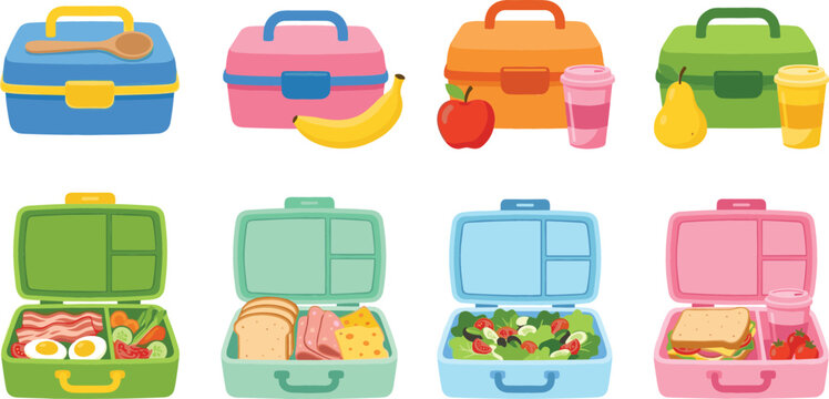 Lunch box vector set with open and closed plastic containers filled with healthy food school snacks.