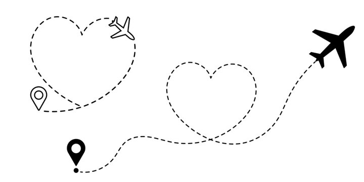 Airplane flight paths in heart shapes connecting two locations representing love and travel, symbolizing romantic journeys and vacations with dotted lines on a transparent background.