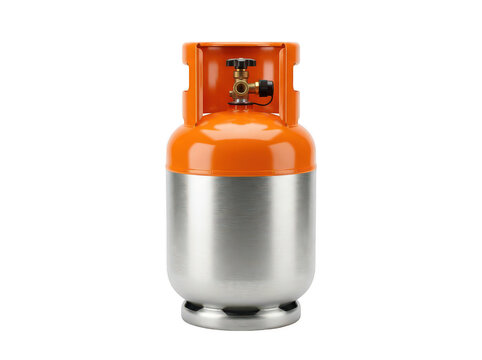 Orange and silver propane gas cylinder isolated on white background