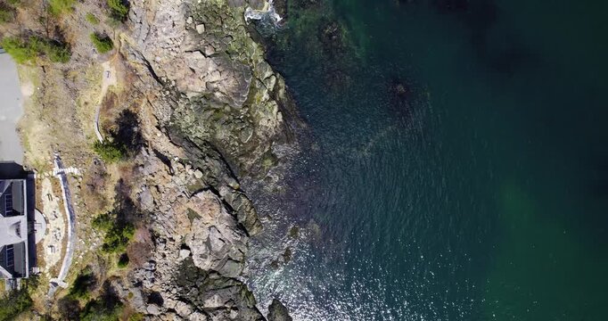An elevated coastal view shows the dramatic Atlantic edge of Acadia with forests and open water under clear daylight