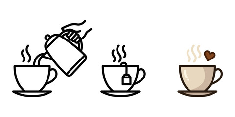 Obraz premium Three icons representing tea and coffee preparation, showing pouring hot beverage, steeping tea bag and cup with steam and heart, for cafe and beverage concepts.