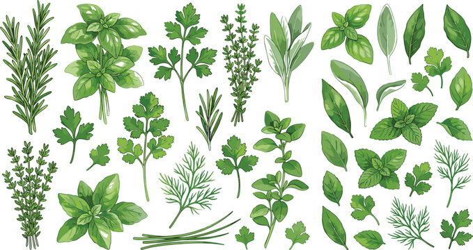 Fresh Green Culinary Herbs Vector Set with Rosemary Basil Parsley Cilantro Mint Thyme Leaves and Chives for Restaurant Menus and Wellness Branding