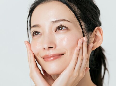 美容液で潤う美肌の日本人女性が頬に触れ笑顔で喜ぶクローズアップポートレート