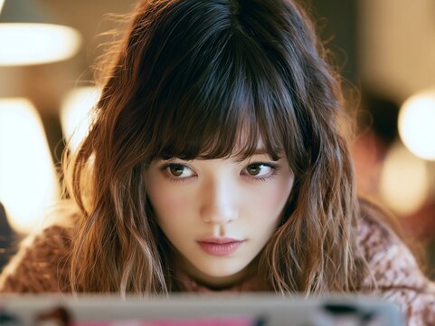 温かい光の中で何かをじっと見つめる若い日本人女性の真剣な表情クローズアップ