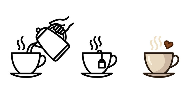 Three icons representing tea and coffee preparation, showing pouring hot beverage, steeping tea bag and cup with steam and heart, for cafe and beverage concepts.