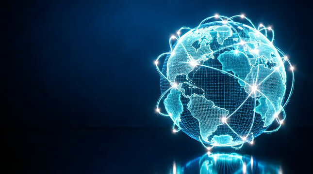 Wireframe globe with glowing connection arcs on dark blue scene for global network campaign visual