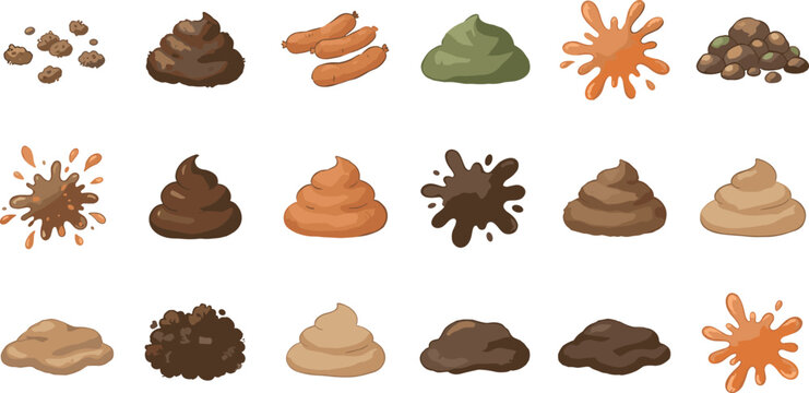 Animal poop and feces type flat vector illustration set featuring dog cat pet stool piles splatters charts and health diagnostics icons