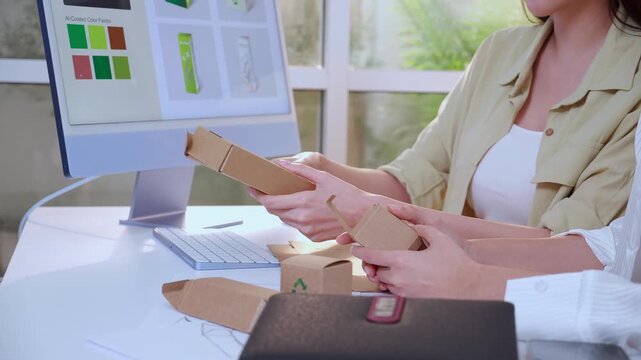 Closeup hand two businesswoman holding cardboard box for packaging design with ai screen at modern office and meeting for paper mockup product, showing eco friendly recycle prototype, creative idea.