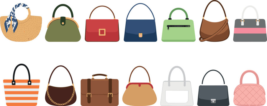 Fashion women handbags flat vector illustration collection featuring diverse styles like tote shoulder purse clutch briefcase and crossbody bags