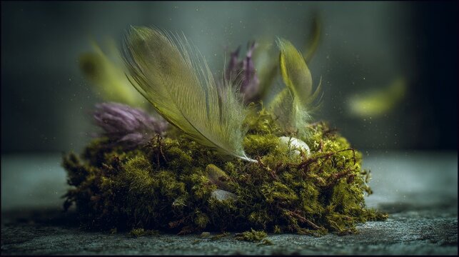 Magical bird feathers resting on green moss with glowing dust
