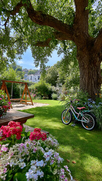 A cozy backyard garden with shady trees, swings, a playhouse, and a place for children to relax and play.