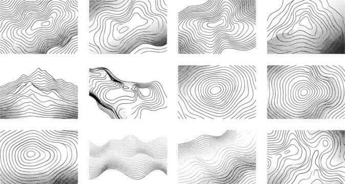 Abstract topographic line patterns collection, contour map backgrounds, flowing curves, and monochrome vector illustration set