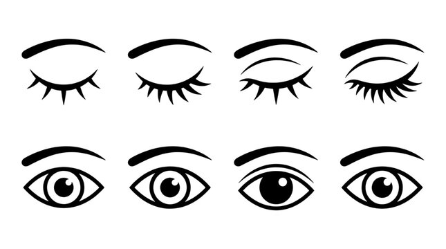 Eye icon set in a flat black silhouette style including open eyes, closed eyelids, eyelashes and eyebrows. Editable vector illustration on white background.