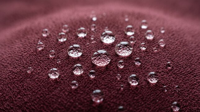 Clear water drops on a dark red surface creating a beautiful wet texture pattern background