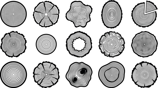 Tree ring cross section and wood log slice vector silhouette icon set featuring circular growth patterns and concentric timber rings.