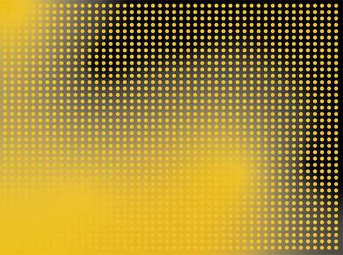 Abstract yellow halftone dot pattern with a smooth gradient and varying dot intensity against a dark background. Repeating circular elements create a bold geometric composition.