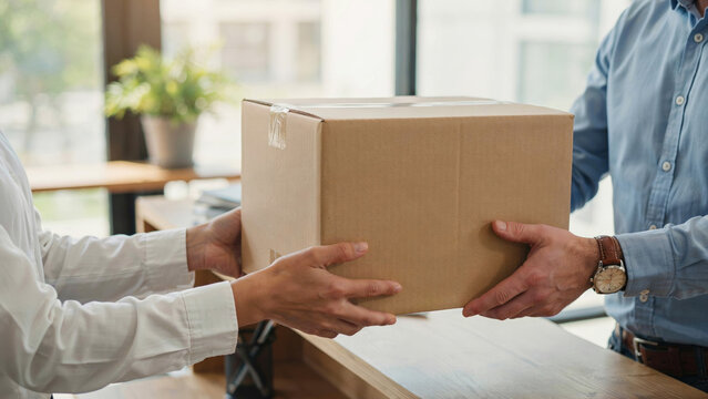 Cardboard parcel delivery exchange between two people in professional office setting illustrates shipping logistics and commerce.