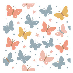 Fototapeta premium Pastel Butterfly Seamless Pattern with Cute Colorful Butterflies on White Background