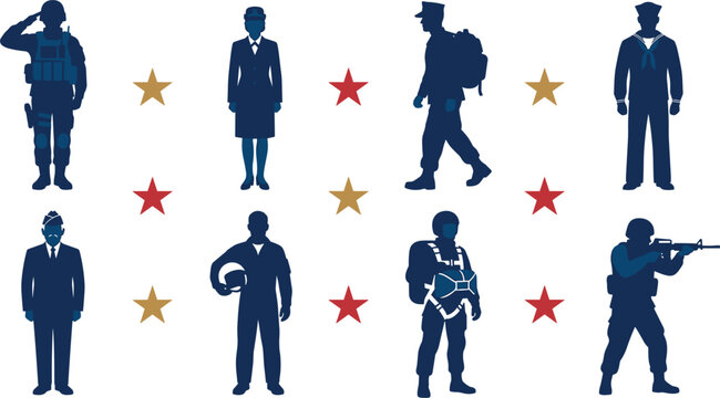 Vector military service members silhouette set featuring army soldier sailor pilot paratrooper veterans and stars