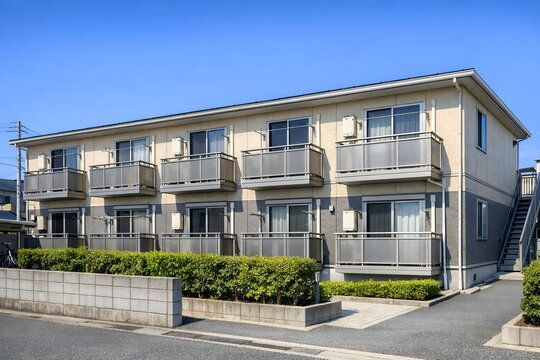 日本の住宅街に建つ青空と緑が映える二階建てアパート