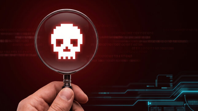 Malware spam cyber security hacker magnifier pixel skull red alert background. hacker phishing scam attack. cyberspace online electronic mail, virus threat alert warning, security protection