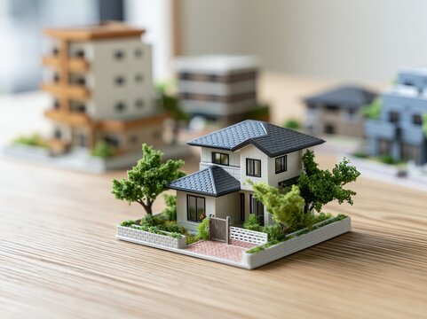 戸建て住宅の模型と豊かな生活をイメージさせる住まいの風景
