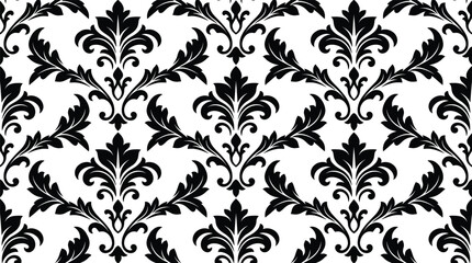 Fototapeta premium Black damask floral pattern on white background seamless vector illustration for textile or wallpaper design