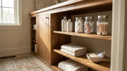 Fototapeta premium Organized wooden bathroom cabinet with folded towels, cotton swabs, toiletries, and soap in glass jars. Practical home storage and everyday family self care routine.