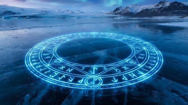 Glowing zodiac circle on frozen lake with snow-covered mountains