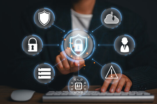 AI cybersecurity concept showing threat detection, digital security, network protection, cloud security and artificial intelligence monitoring business systems.