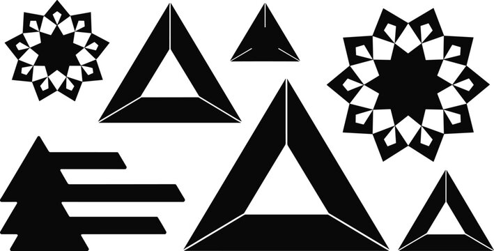 Geometric pyramid star silhouette icon set illustration, abstract triangle vector artwork, symmetry design graphic, pattern emblem symbol, shape motif, 