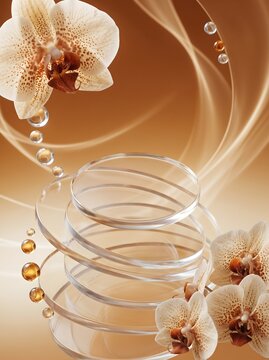 Luxury Glass Podium with Orchid Flowers and Water Droplets for Product Presentation on Golden Backdrop