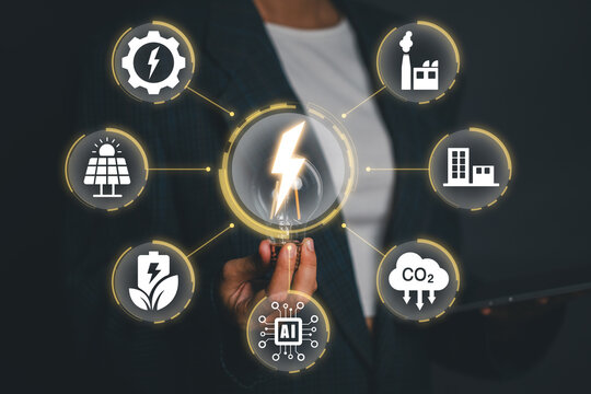 AI energy optimization concept showing smart energy management, solar power, battery storage, carbon reduction and intelligent monitoring for efficient business operations.
